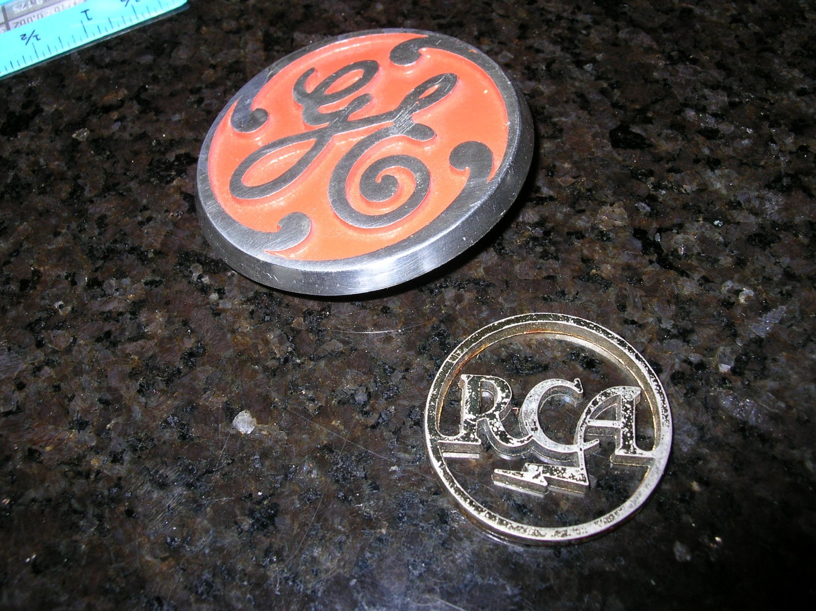 GE and RCA Broadcast Logos Metal Script Glue on Screw on Castings