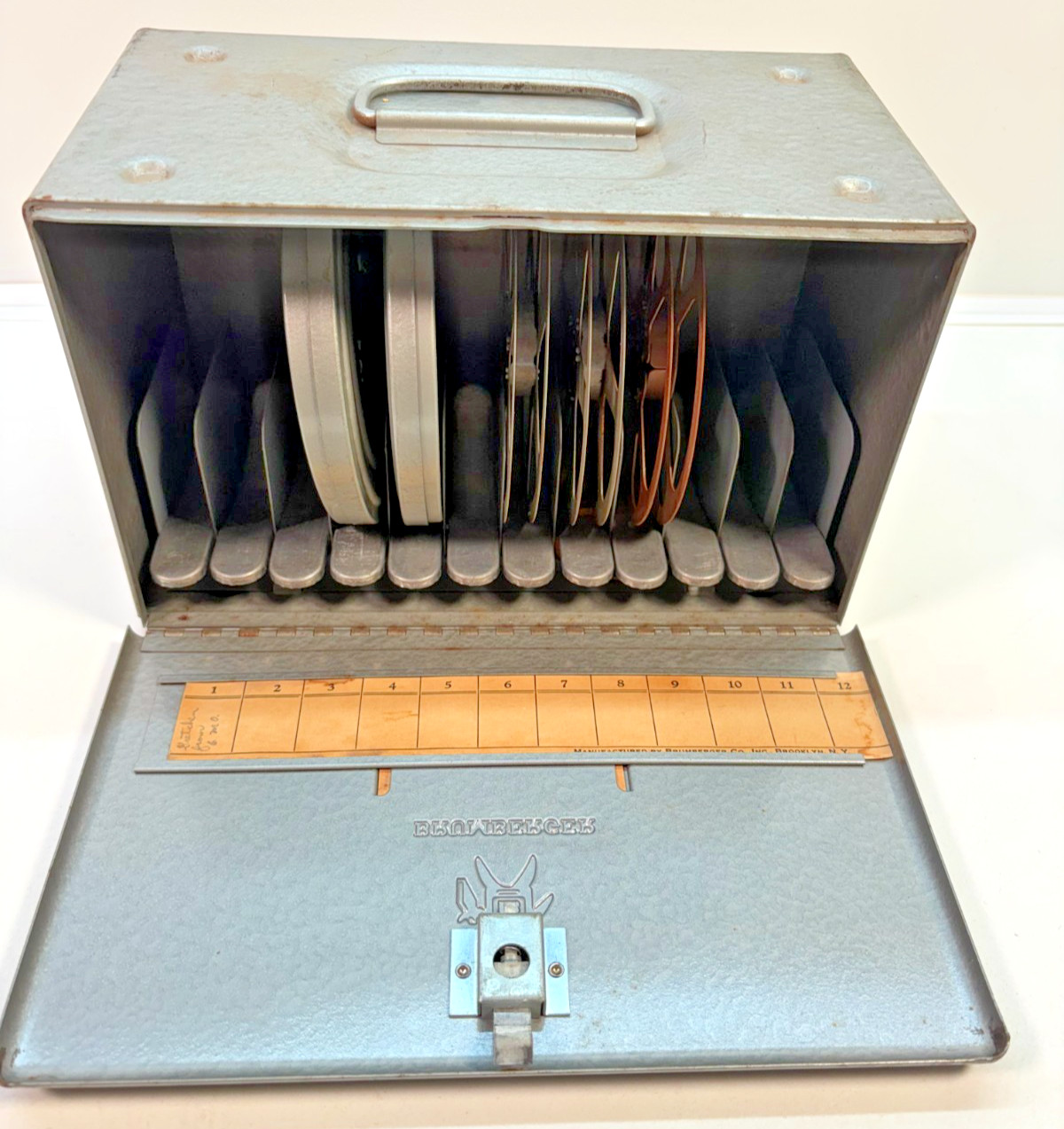 Vintage Brumberger Deluxe Movie Reel Chest Metal Holds 12 Reels