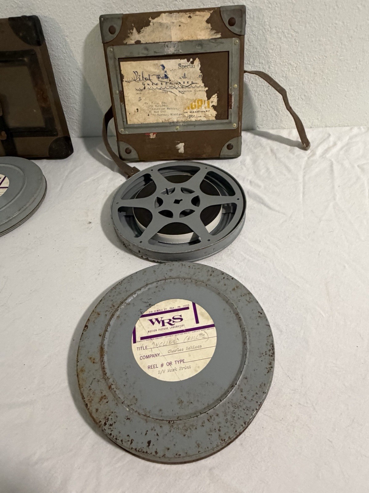3 Vintage Film Reel Shipping Box Mid Century 16mm Fiberboard Strap W/ 3 Reels