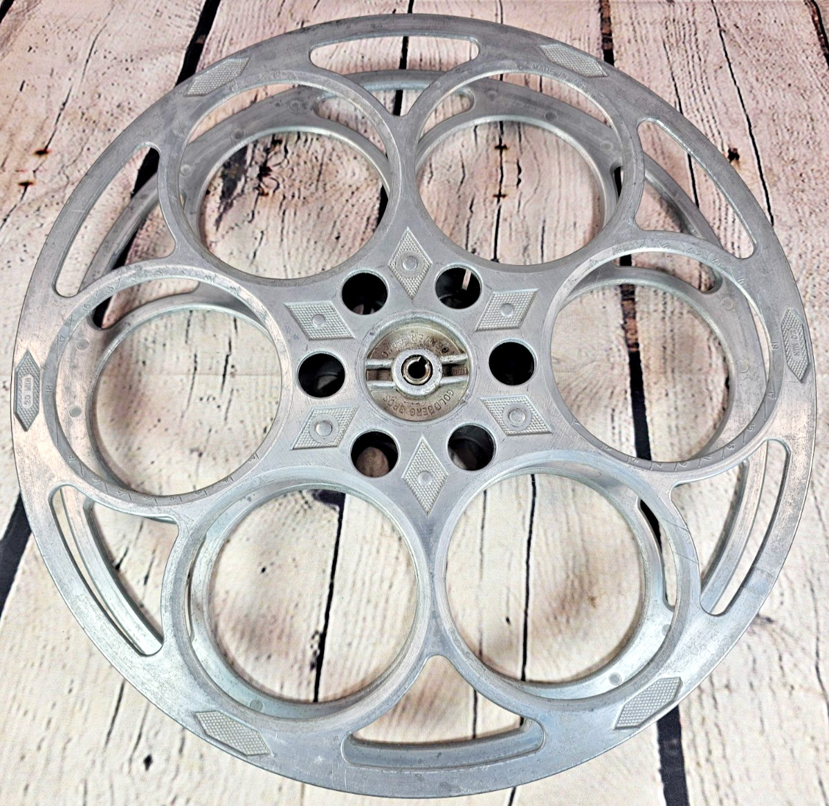 Vtg Goldberg Bros 15″ 35mm Cast Aluminum Movie Film 6 Hole Reel Denver 20 Min #1