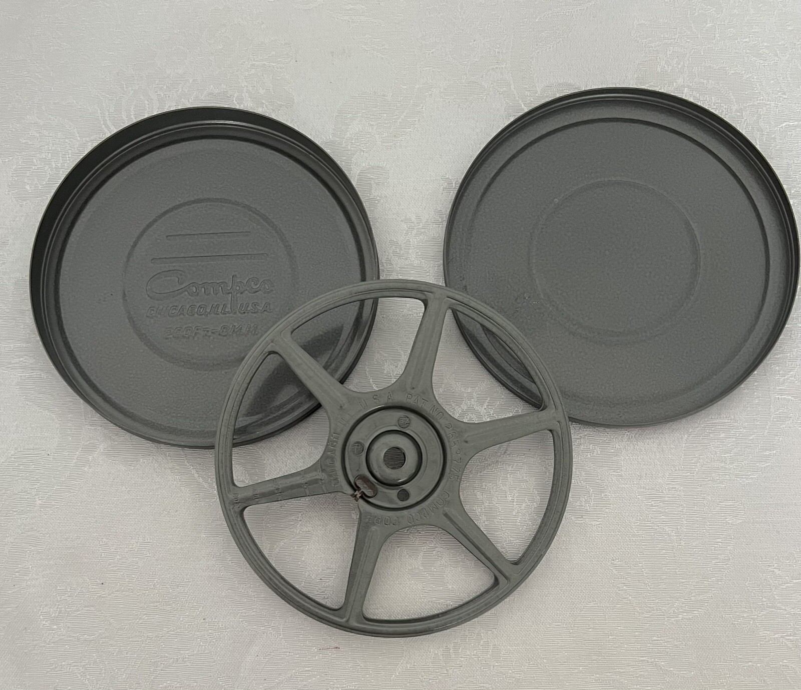 Vintage 1950s • Lot of 3 • 5″ Compco Chicago 8mm 200’ Film Canisters & Reels