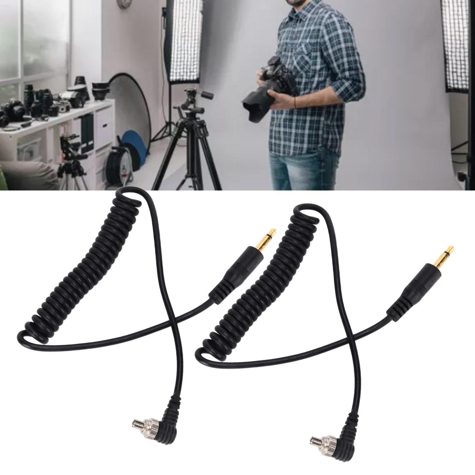 2pcs Camera Flash Cable Universal 3.5mm To Male Flash PC Sync Cable Coiled Cord