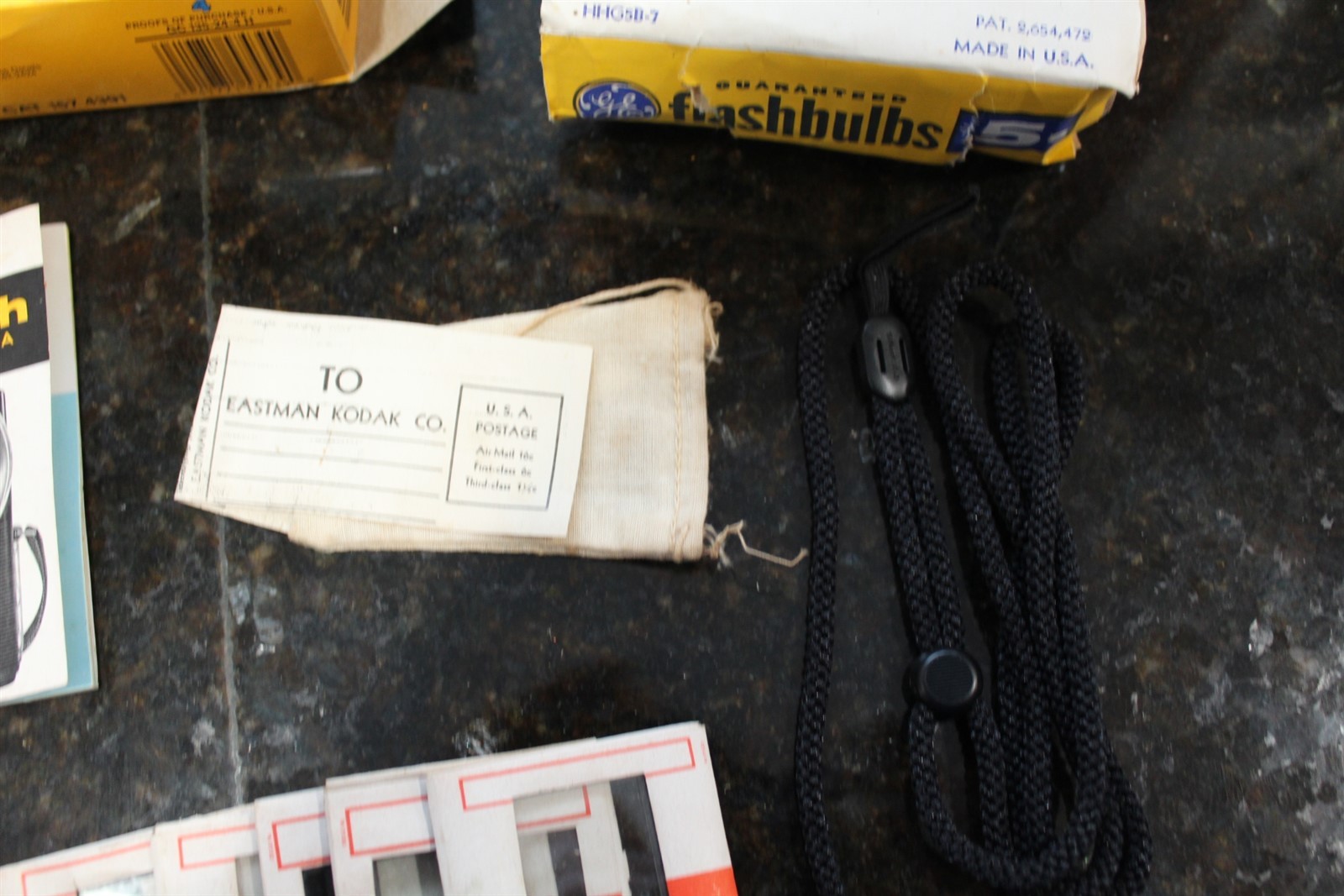 Vintage Camera Related Items Lot Advertising Bulbs, Slides, Lanyard, Lens Caps +