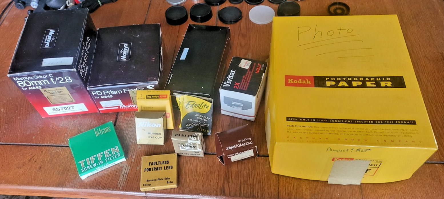 Vintage Camera Accessory Boxes – Mamiya Sekor Lenses, Kodak Photo Paper, Filters