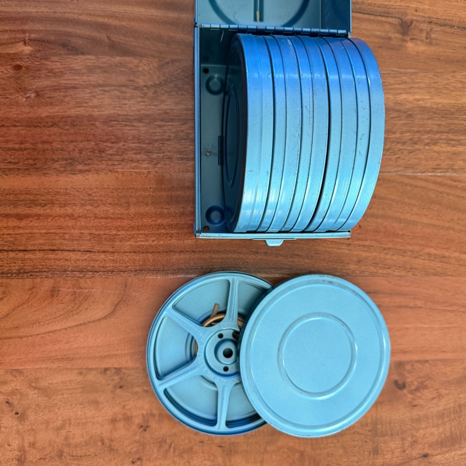 Vintage Compco Blue Metal Film Reel Storage Case Box w/ 6 Metal Canisters 8mm