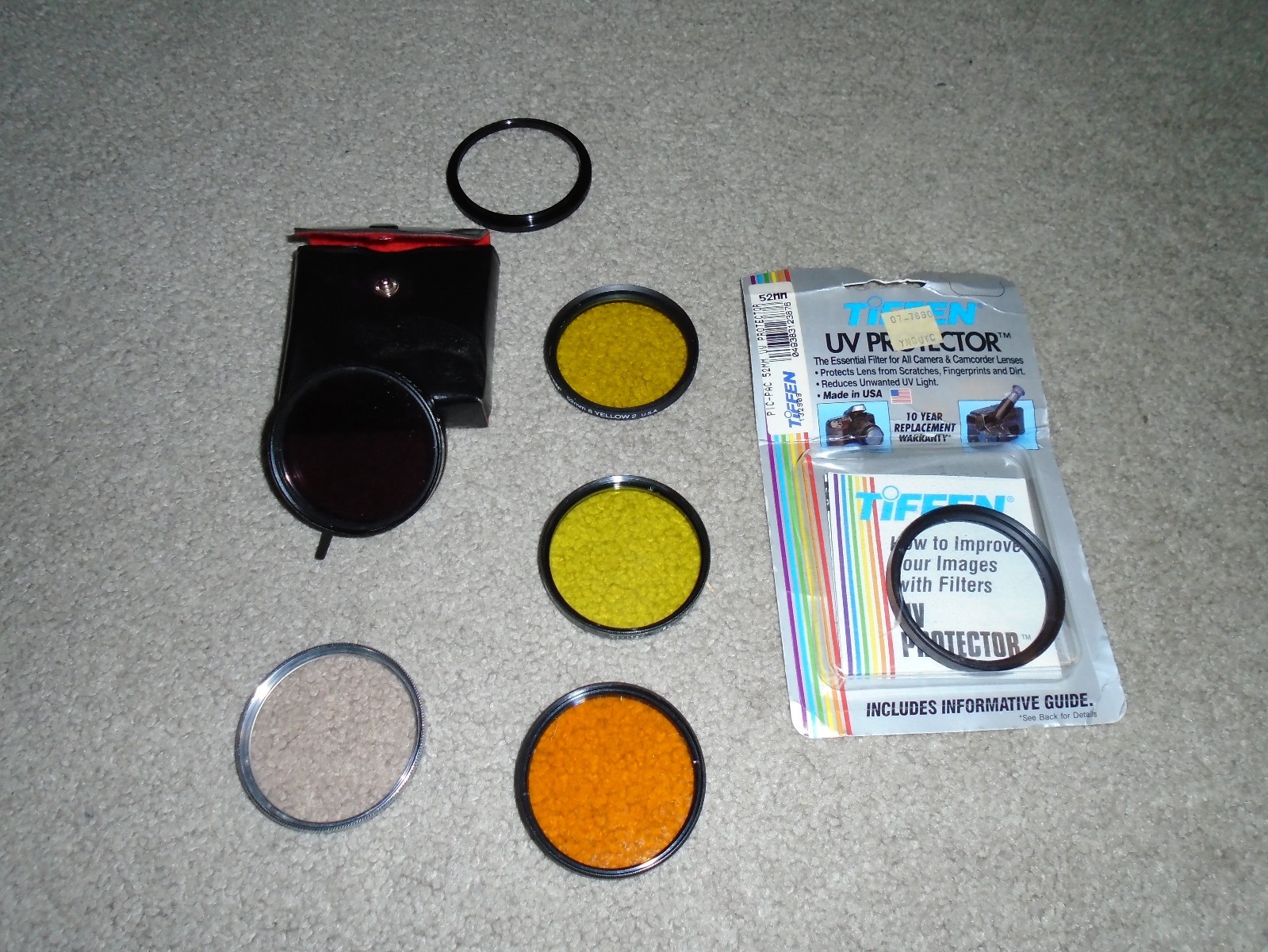 6 VINTAGE CAMERA LENS 52MM FILTERS & ONE LENS STEP RING 52MM – 55MM, EXC. COND.