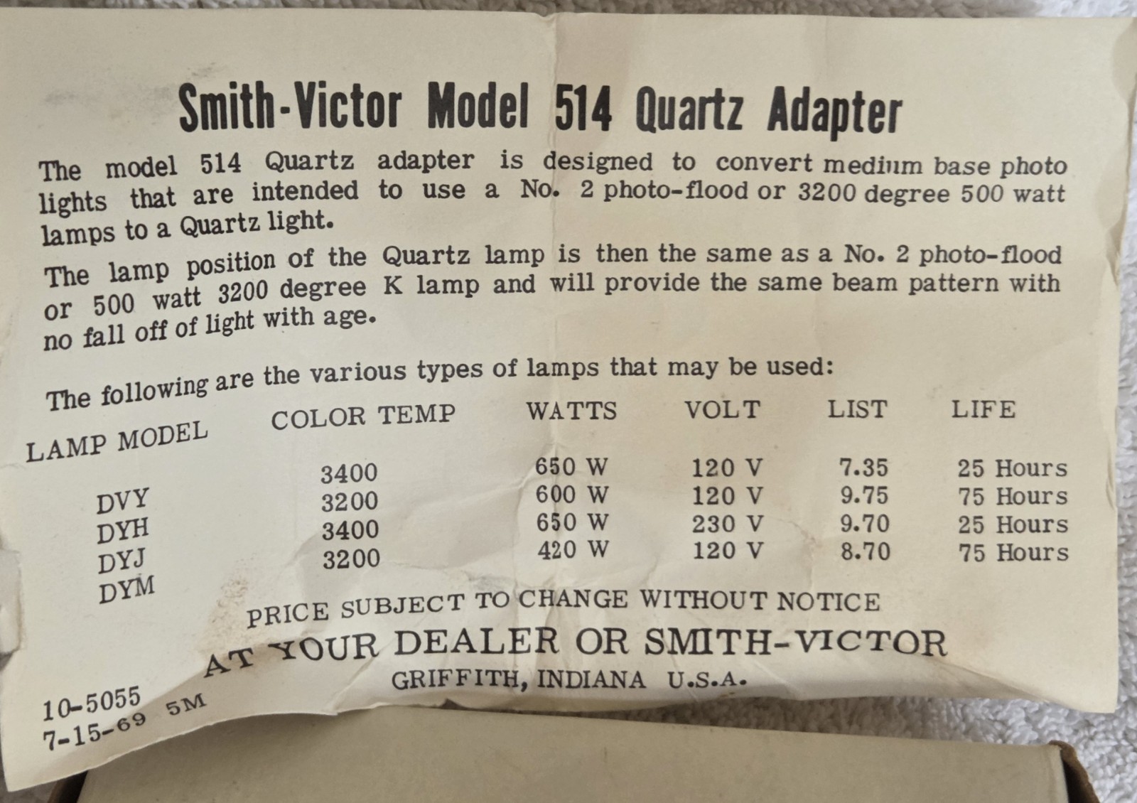 Smith Victor Quartz Adapter Model 514 for DVY DYH Original Stock Never used