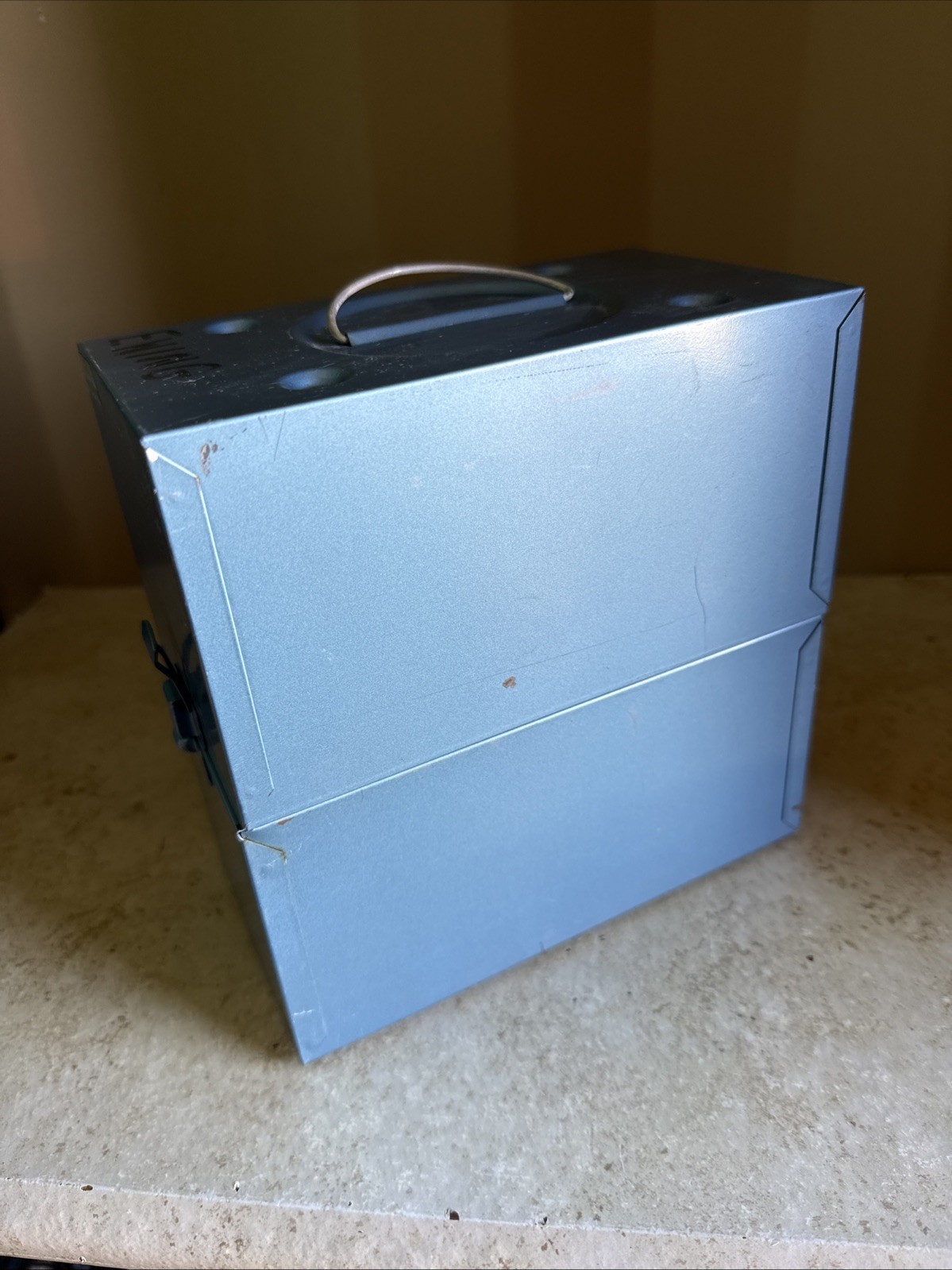 Vintage Compco Film Carrying Case with Reels and Tins Blue & Gold 7.875×7.5×4.4”