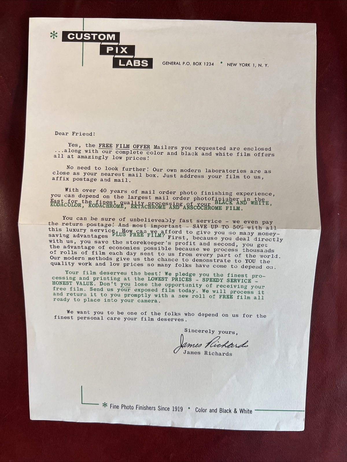 VINTAGE 1962 CUSTOM PIX LABS NEW YORK FILM PROCESSING PROMO W/ENVELOPE