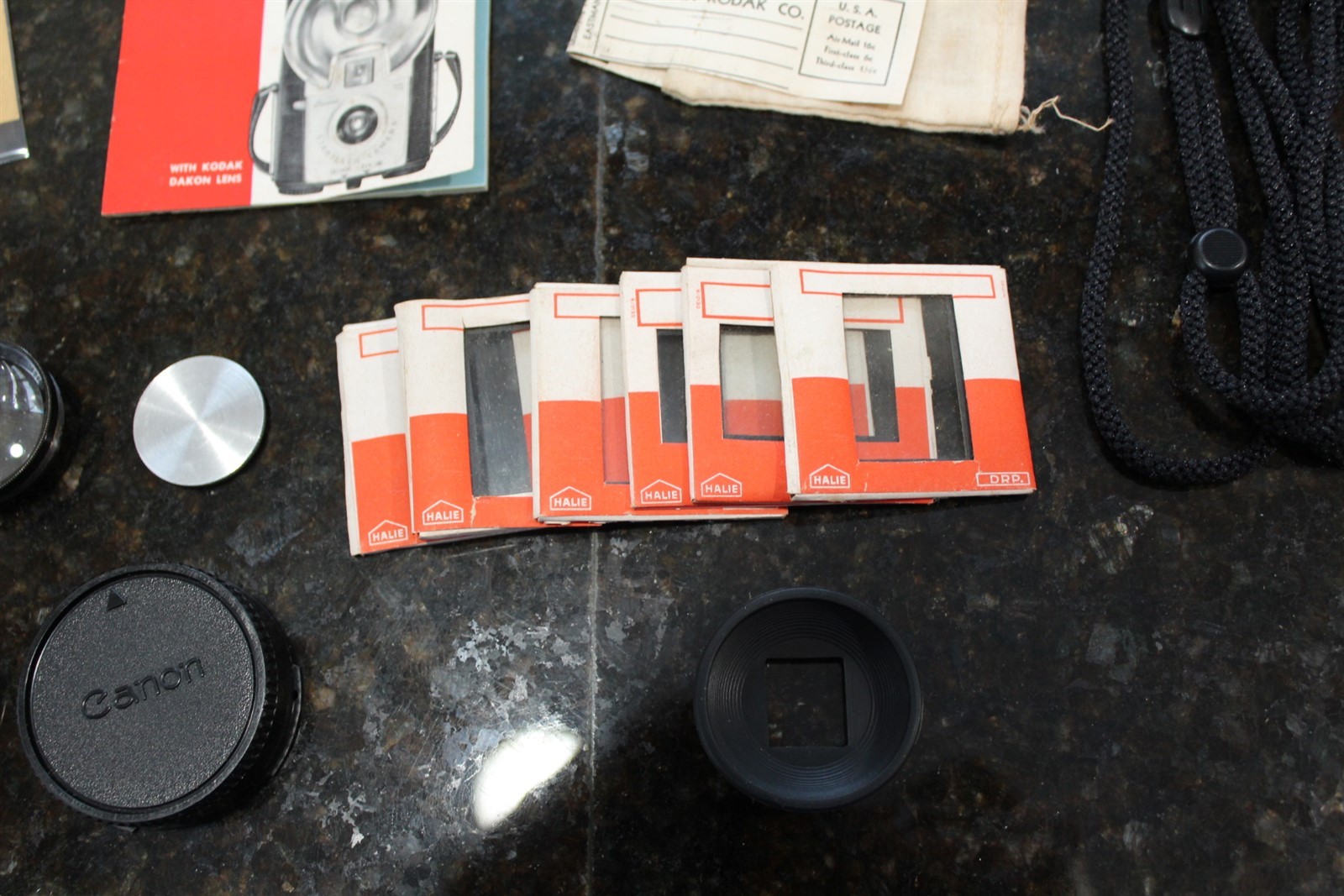 Vintage Camera Related Items Lot Advertising Bulbs, Slides, Lanyard, Lens Caps +