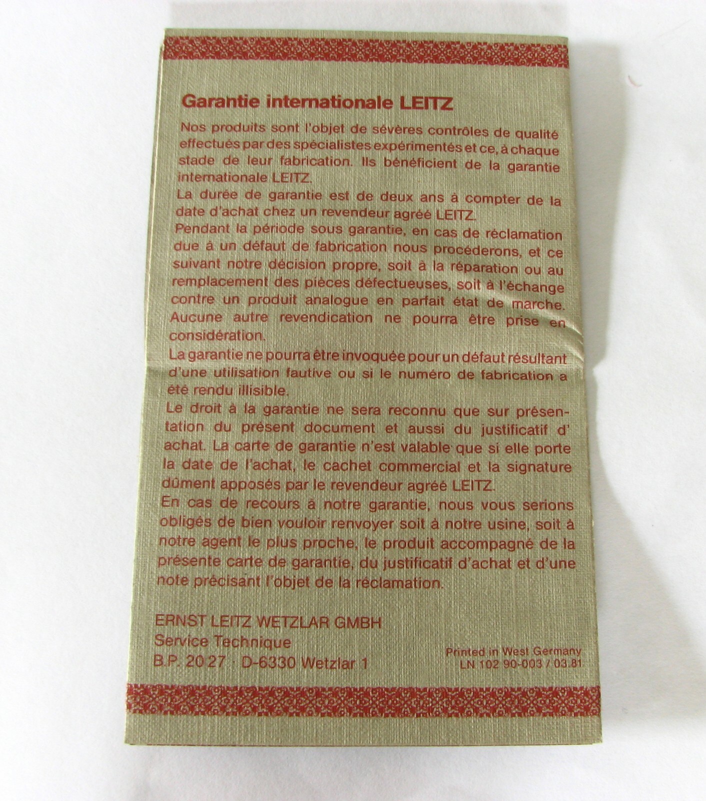 1981 International Leitz Leica Wetzlar Lens Warranty Card Only