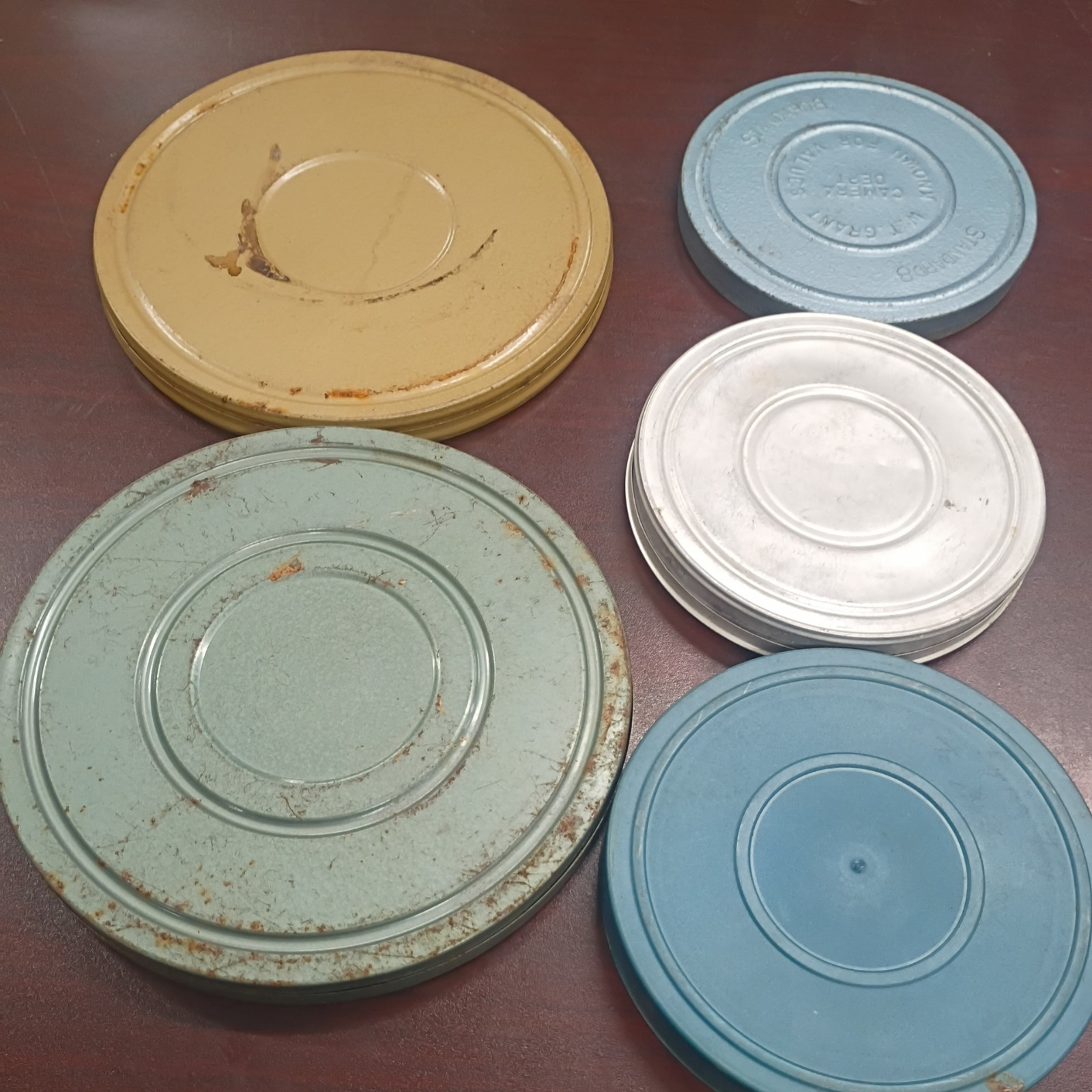 Lot 5 VTG Metal Film Reels & Canister Various Sizes Reads “unknown content”