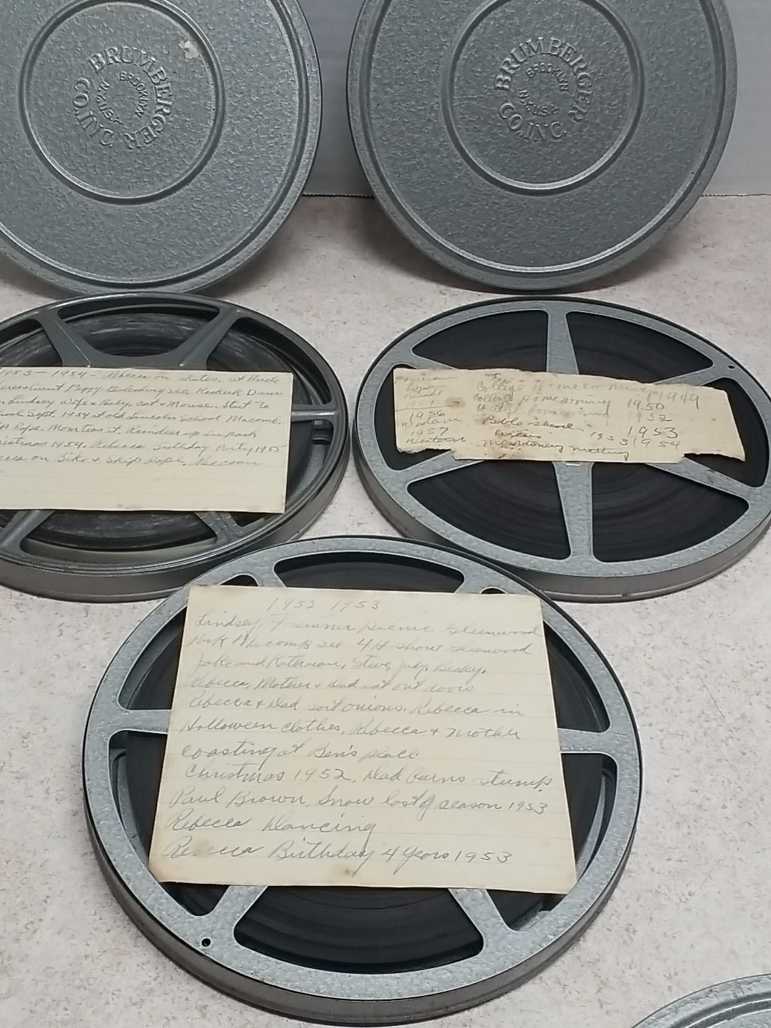 3 BRUMBURGER 8mm Film Canister and Take Up Reel 7″ Brooklyn NY, USA Metal Cases