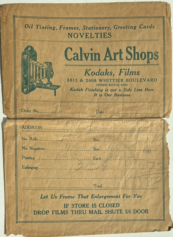 Rare 1906 CALVIN ART SHOPS KODAK FILM ENVELOPE Whittier Blvd Los Angeles CA 4E