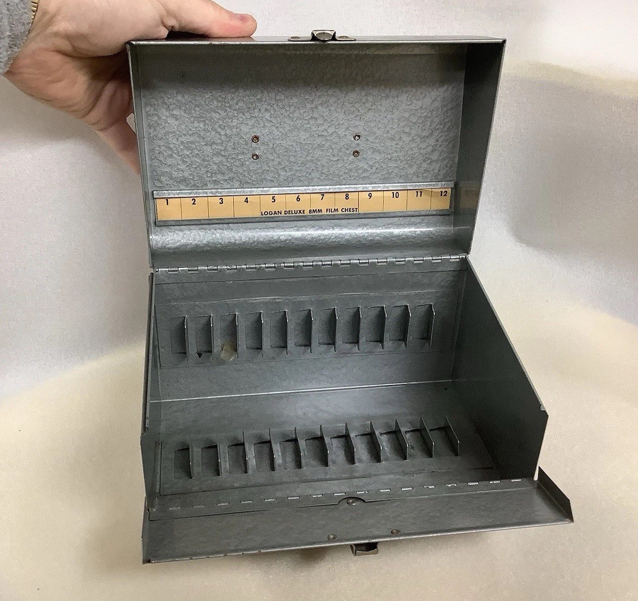 Vintage Industrial Mid Century Steel Logan Deluxe 8MM Film Chest Carrying Case