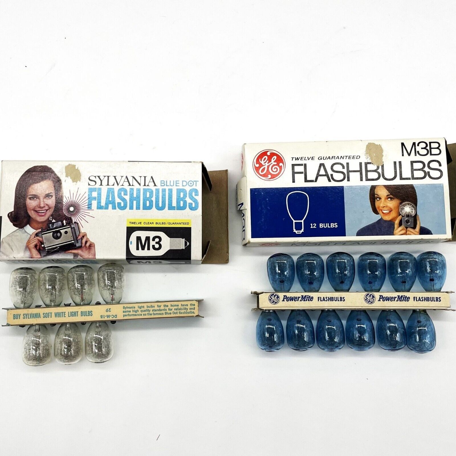 Vtg GE M3B Power Mite Camera Flash Bulbs-12-Sylvania Blue Dot M3 Flashbulbs-7