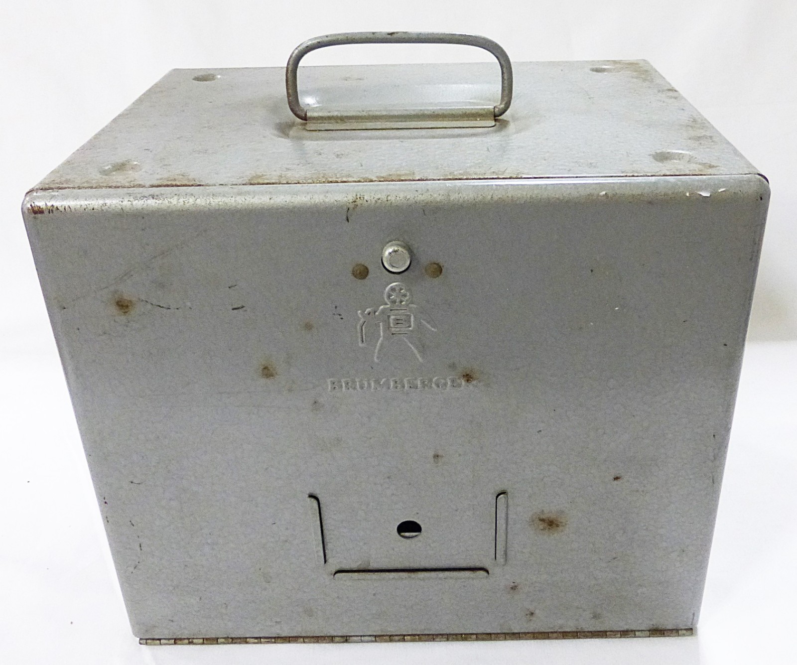 Vtg Brumberger 8 mm metal reel holder case storage bin 1950 mid century rustic