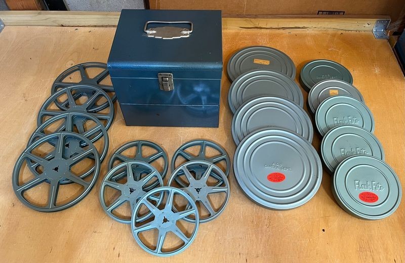 VTG Logan Deluxe Metal Movie Film Chest 12 Slots Box Storage + 9 Reels & Cases