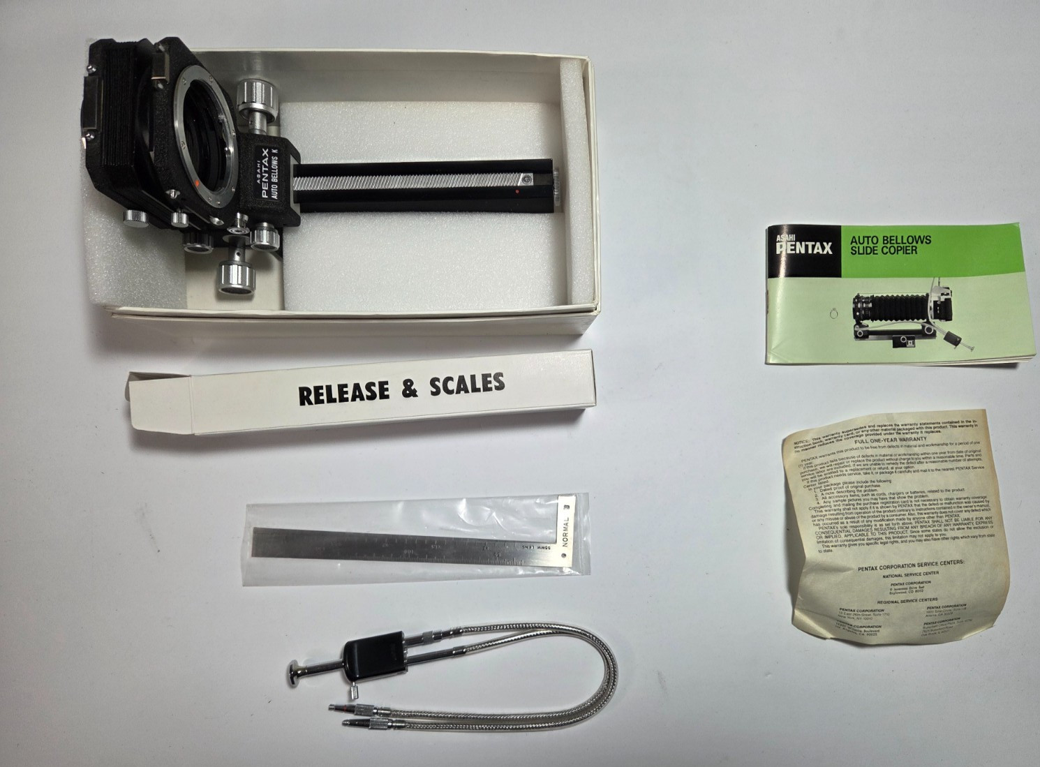 Asahi Pentax Auto Bellows K Set w/ Cable Release and Scales In Box