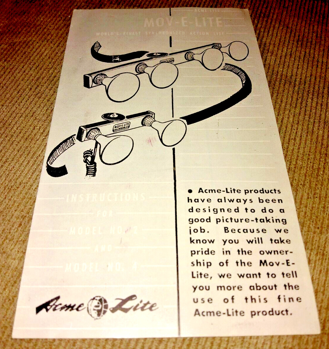 VINTAGE ACME LITE INSTRUCTIONS BOOKLET MOVIE CAMERA LIGHTING BAR 60s?