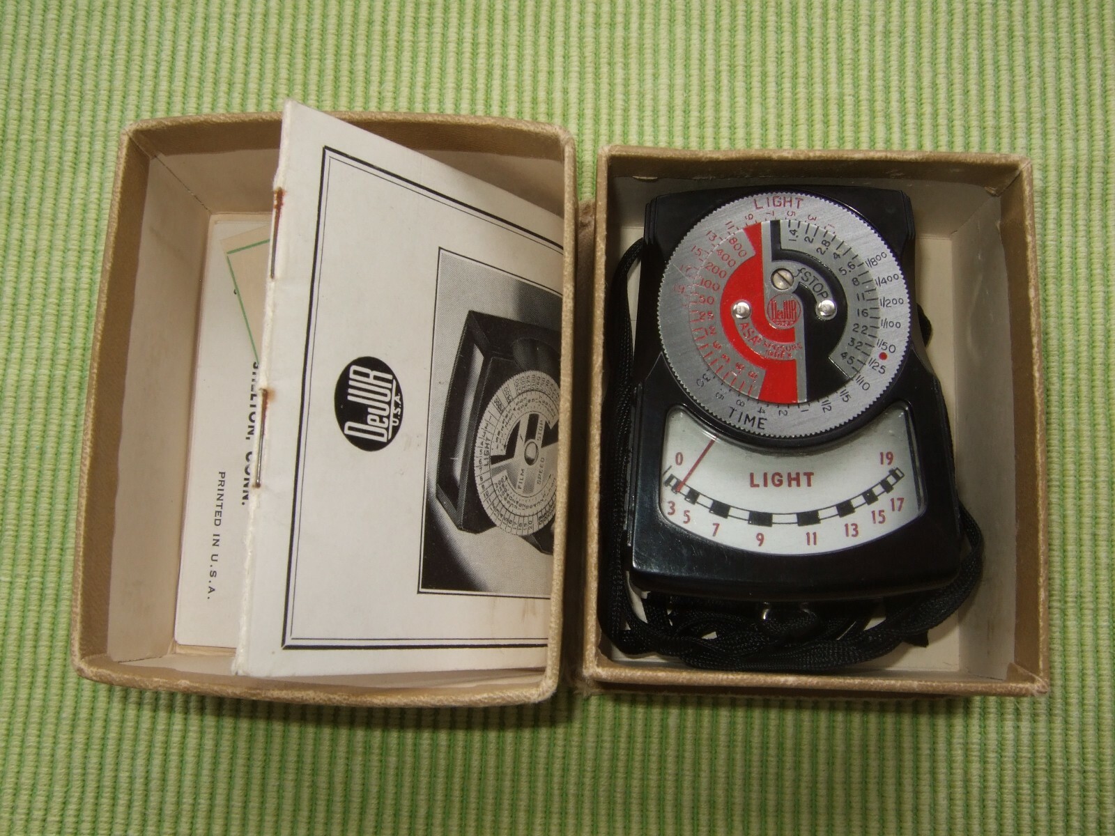 Vintage DeJur Exposure Meter with Strap ~ Made in USA Box Instruction Book 5B
