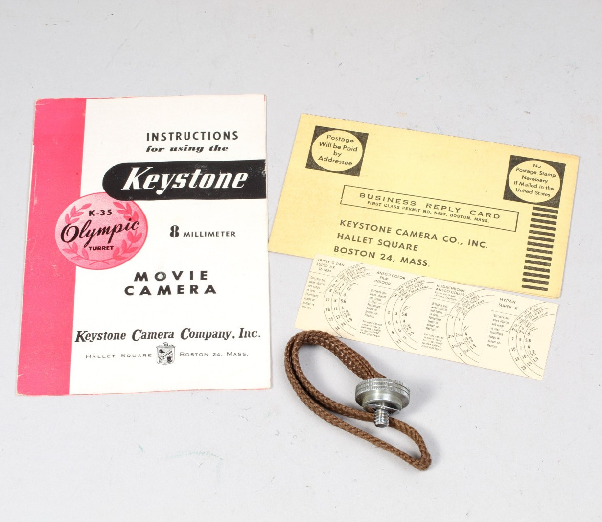 KEYSTONE K35 OLYMPIC 8MM MOVIE CAMERA BOX W STRAP MANUAL AND EPHEMERA VERY CLEAN