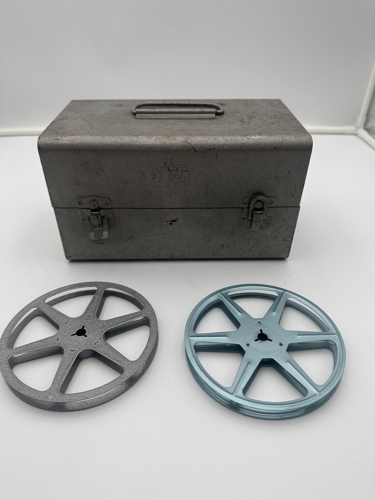 Vintage Brumberger 12 Reel 8mm Film Storage Case Metal Box Holder With 2 Reels