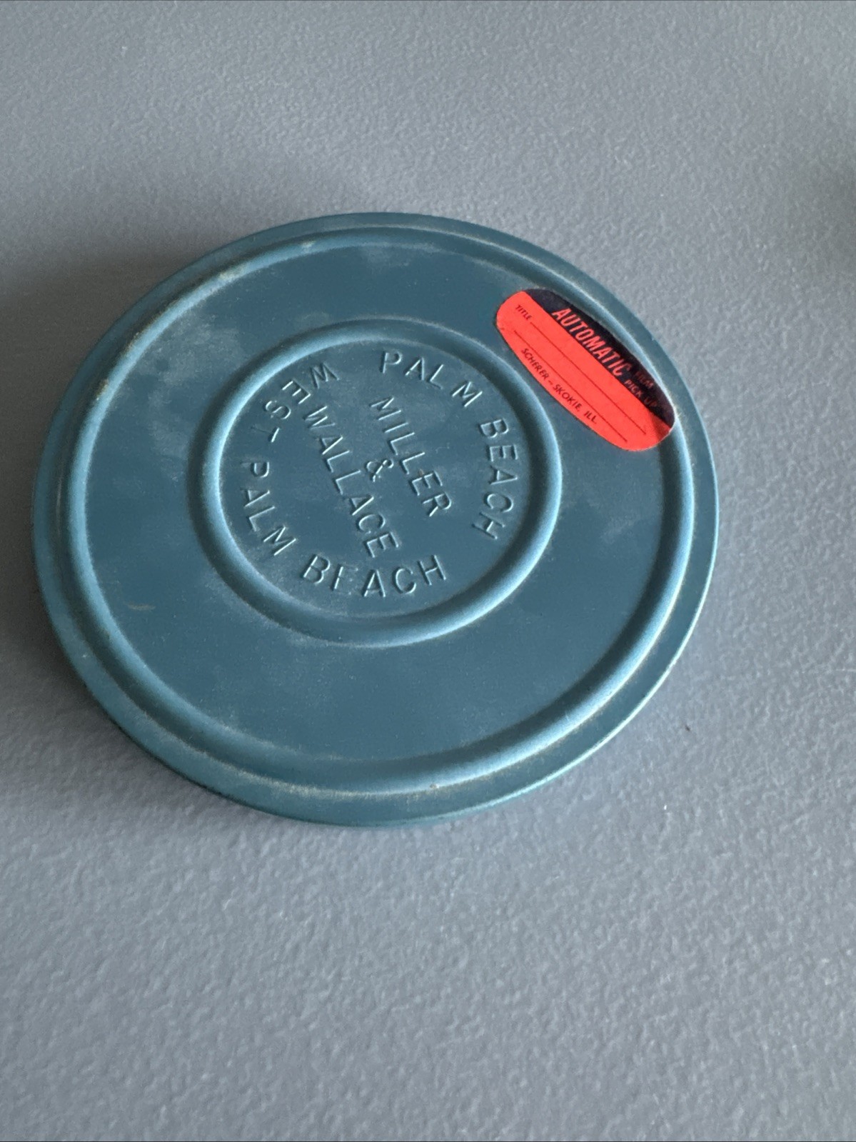 Vintage Film Take Up Metal Reel w/Canister Marked Palm Beach Miller Wallace