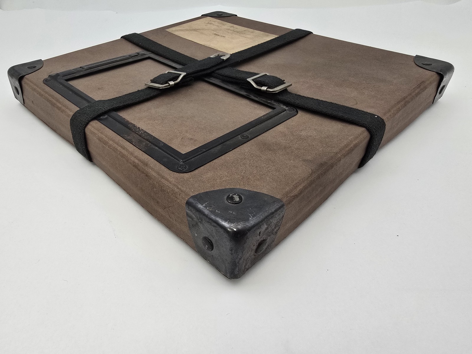 Vintage 11″ Square Fiberbilt Shipping Case Metal Corners Fabric Straps 1960s Lab