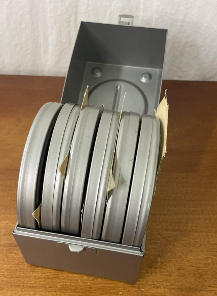 VTG 8mm Film Storage Compco USA Metal Case w/6 Slots & 6 Metal Reels & Canisters
