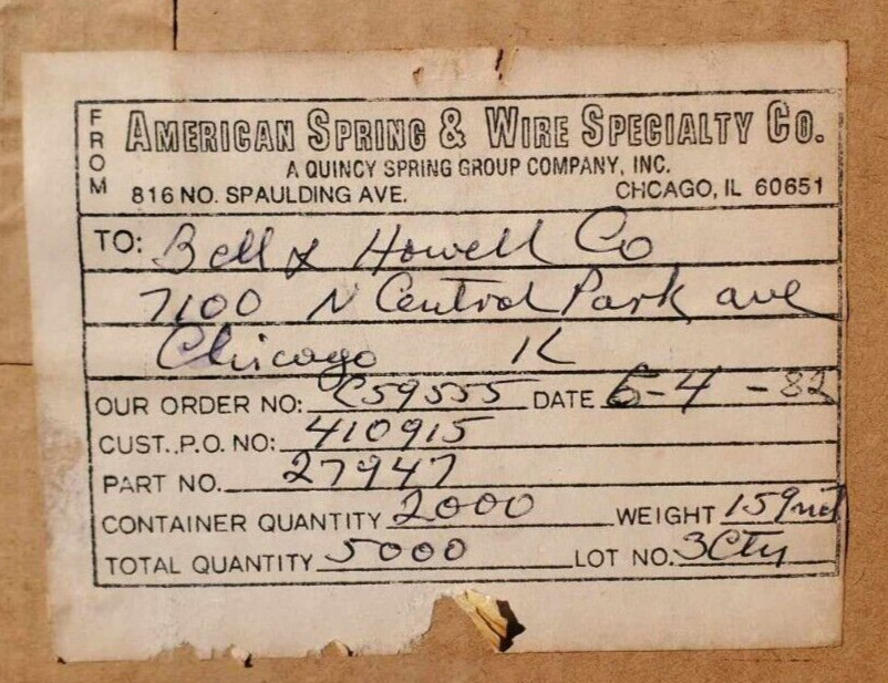 Bell & Howell Projector Belt,Wire-Spring Take-Up 27947 * NEW