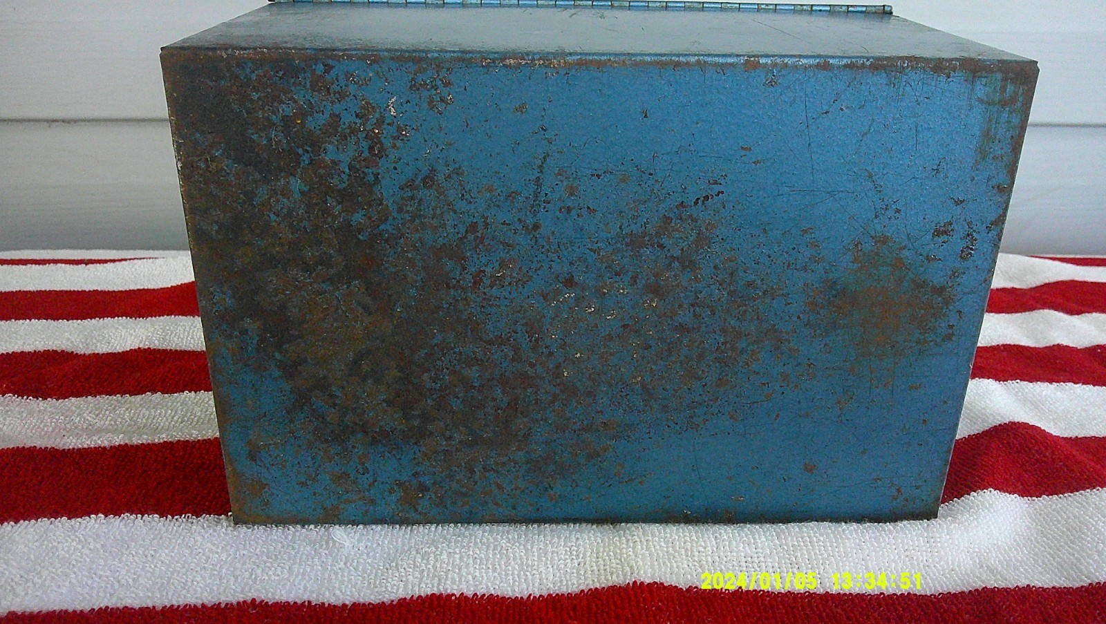 vintage blue metal film reel storage carrying case