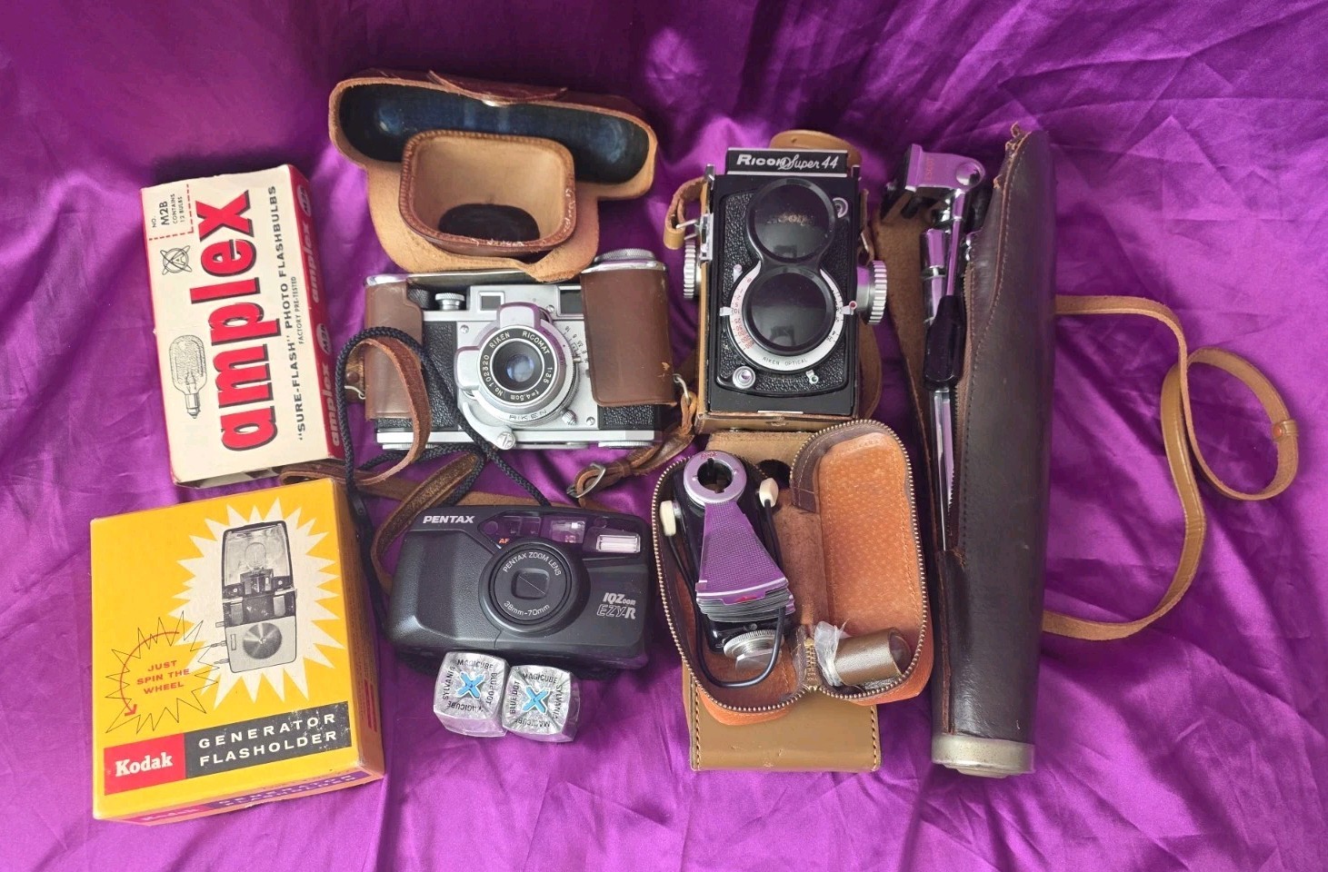 Vintage Ricoh Cameras & Photography Equipment Lot, Flash, Leather Bag, & More!