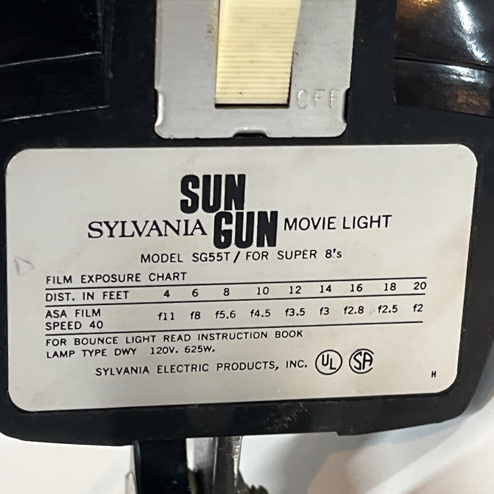 Vintage Sylvania Sun Gun Light Model SG-55T Top Mount For Super 8 Camera Tested