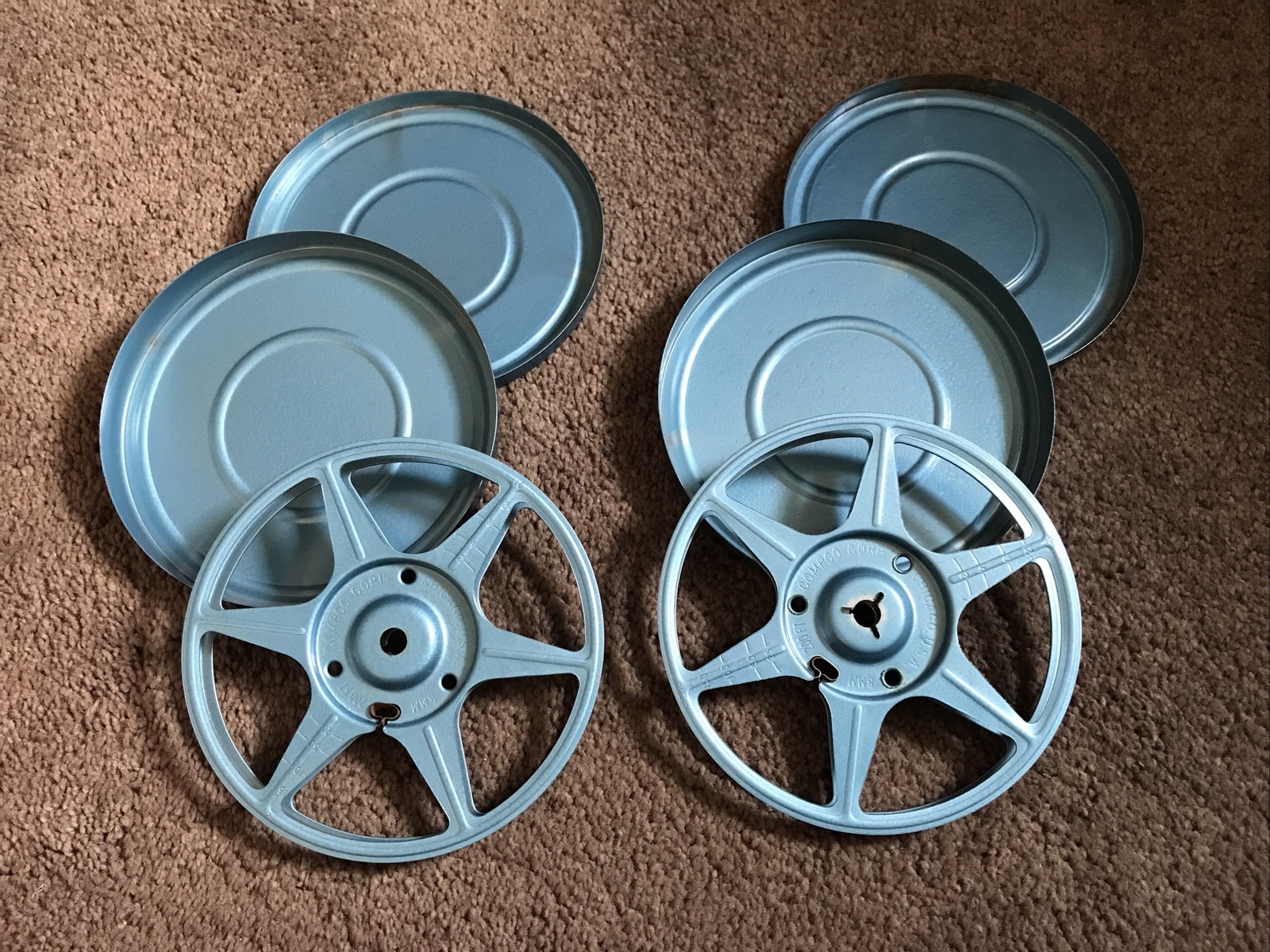 (2) Vintage Compco Corp. 8mm 5” Blue Film Reel Canister and Reel Universal