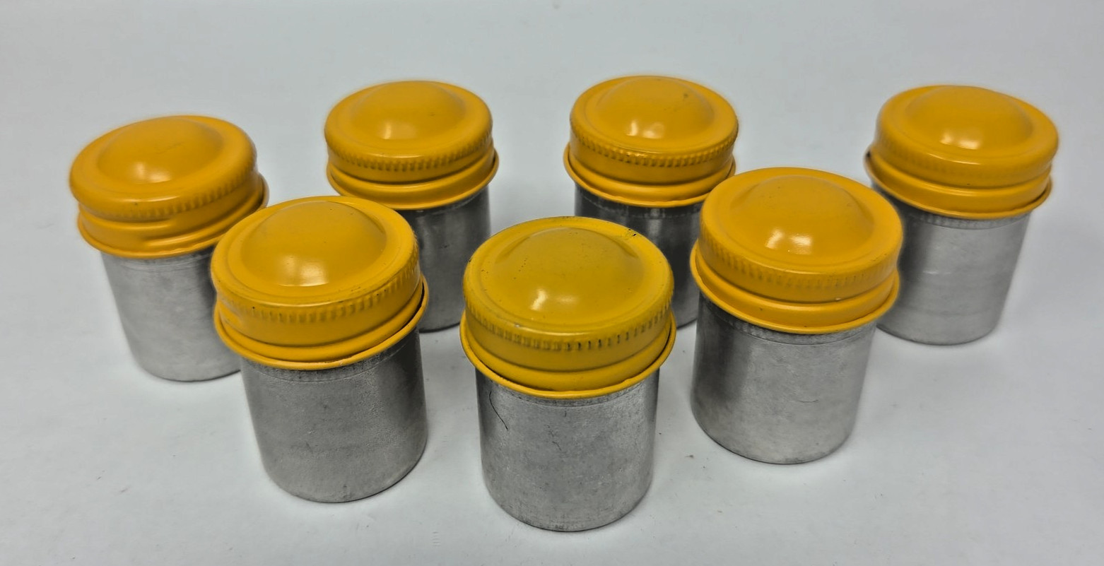 Vintage Kodak 35mm Metal Film Canisters Silver w/Yellow Lids, Lot of 7