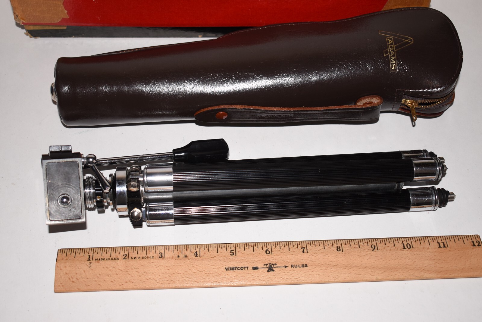 Vintage Adams Compact Tripod 8 Section Elevating Type 67-2145 W/ Carrying Case