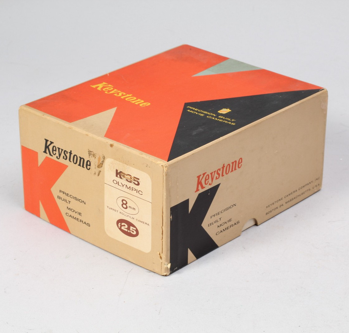KEYSTONE K35 OLYMPIC 8MM MOVIE CAMERA BOX W STRAP MANUAL AND EPHEMERA VERY CLEAN