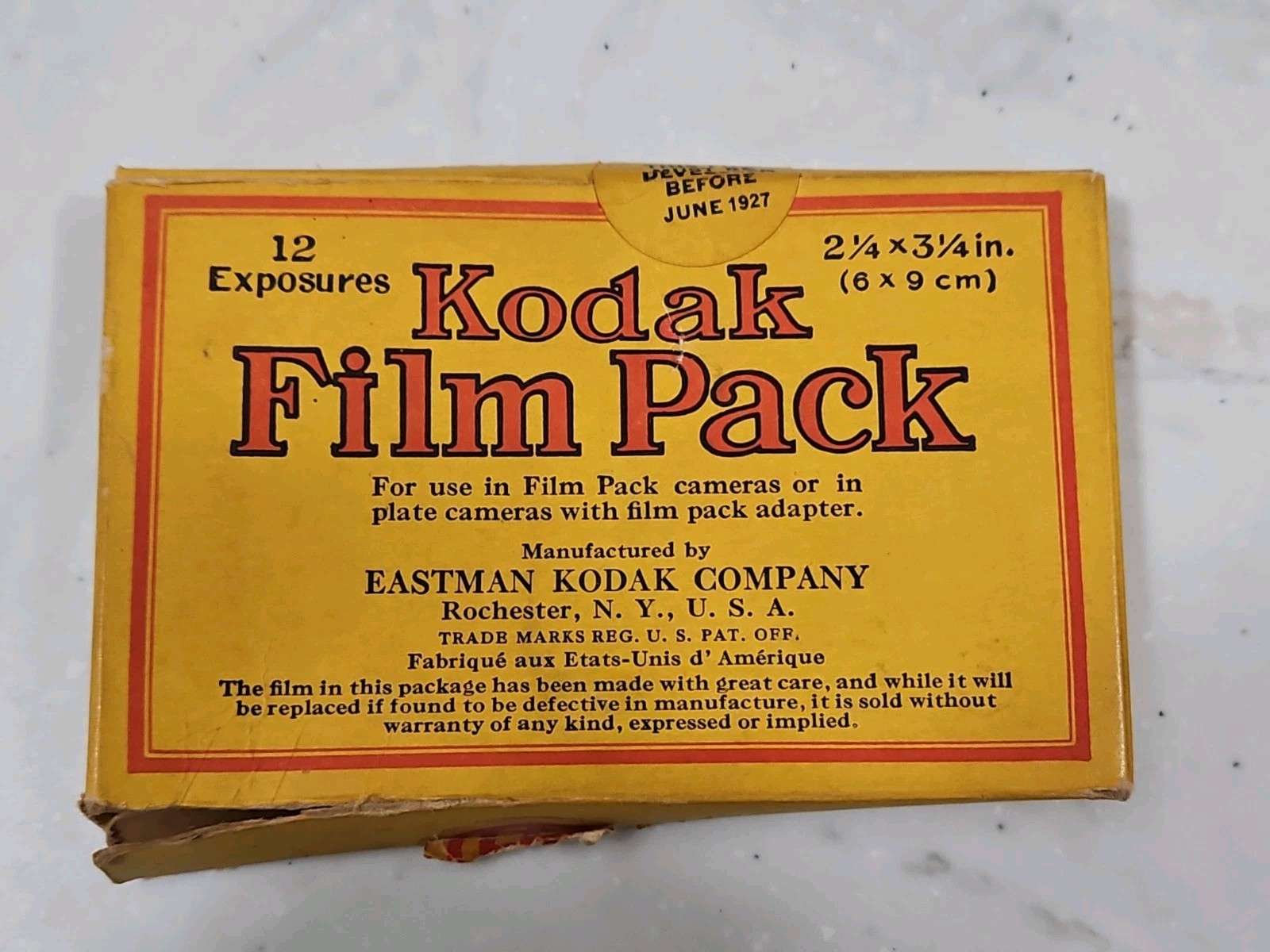 Kodak Box Only For 2 1/4 X 3 1/4 Film Pack, Expire Date June 1927. Original.