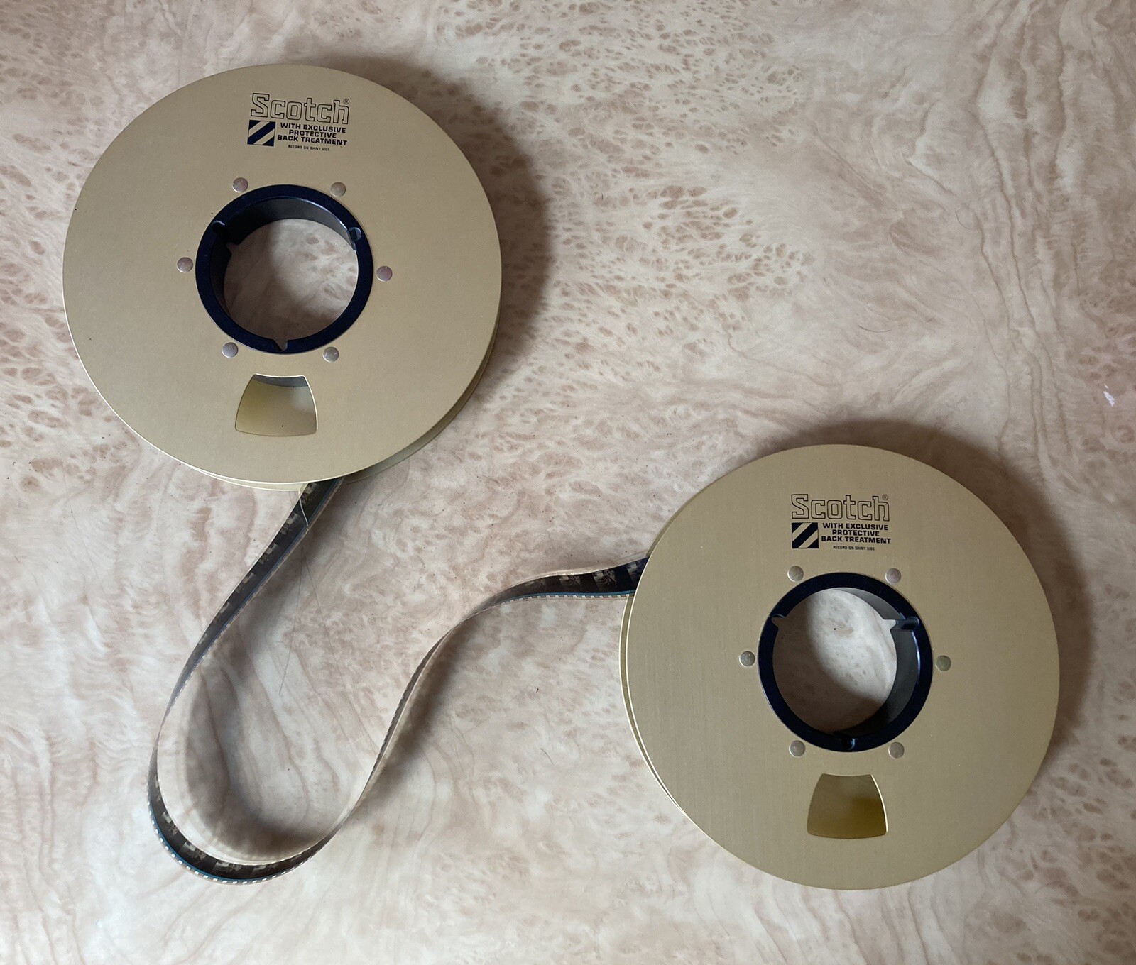 (2) – 1” Empty Vintage Scotch Gold Metal Video Take-up 9” Reels Media Room Decor