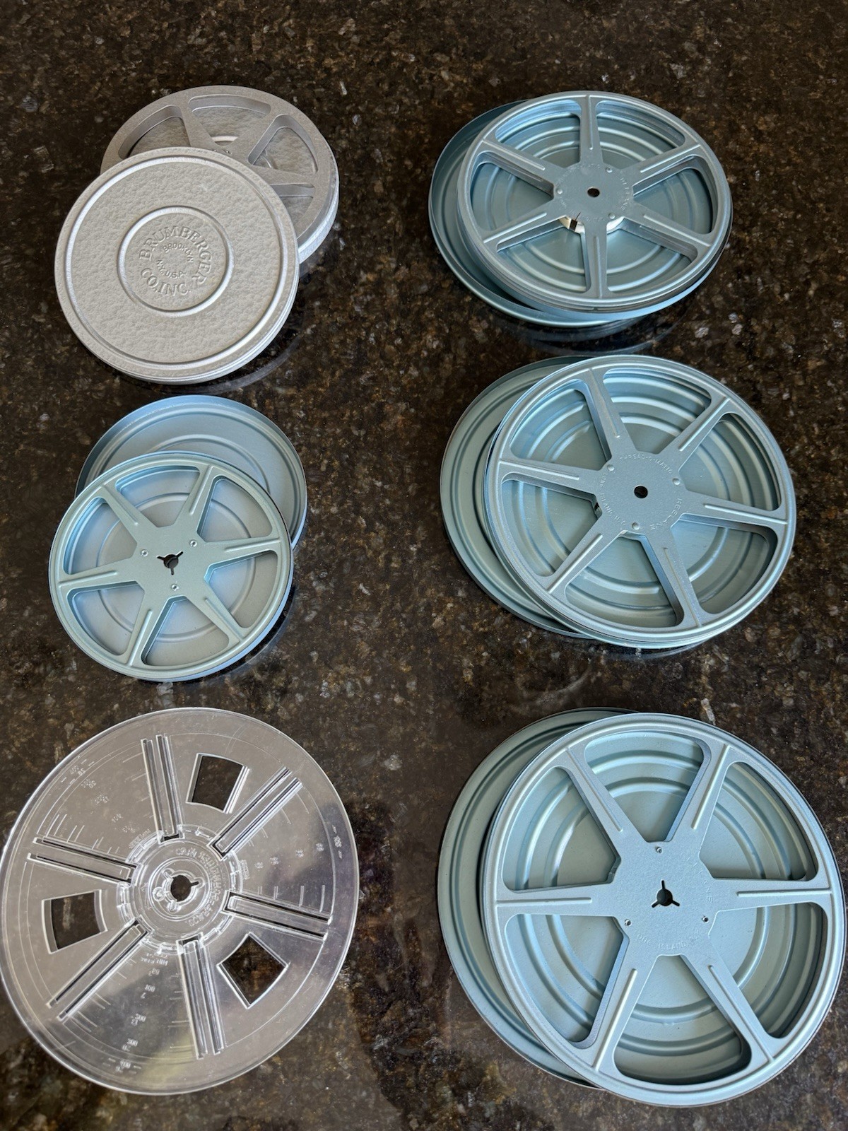 Brumberger & Thread-O-Matic 5″ 6″ 7” Film Reel Canisters Blue & Silver Lot of 6