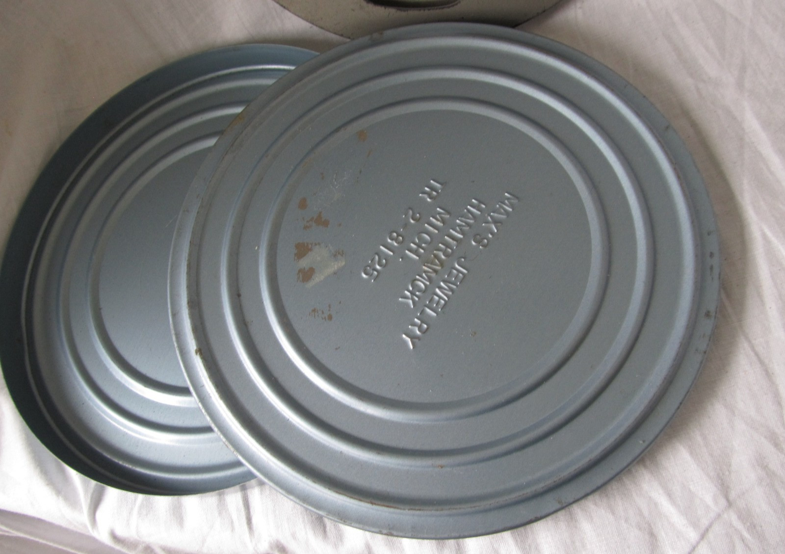 Vintage Max’s Jewelry Hamtramck Metal Tin Canister w/ Film Reel 7″ Blue Color