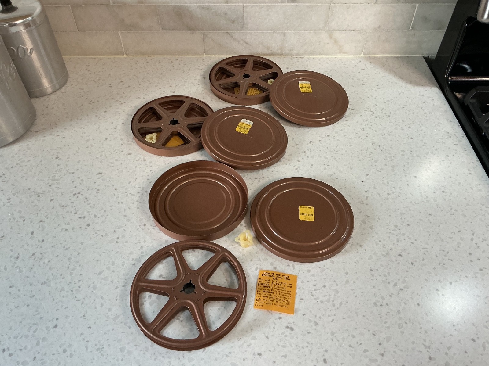 Vintage 3 x Goldberg NOS 5″ DUAL 8 Metal Film Canister With Movie Reel