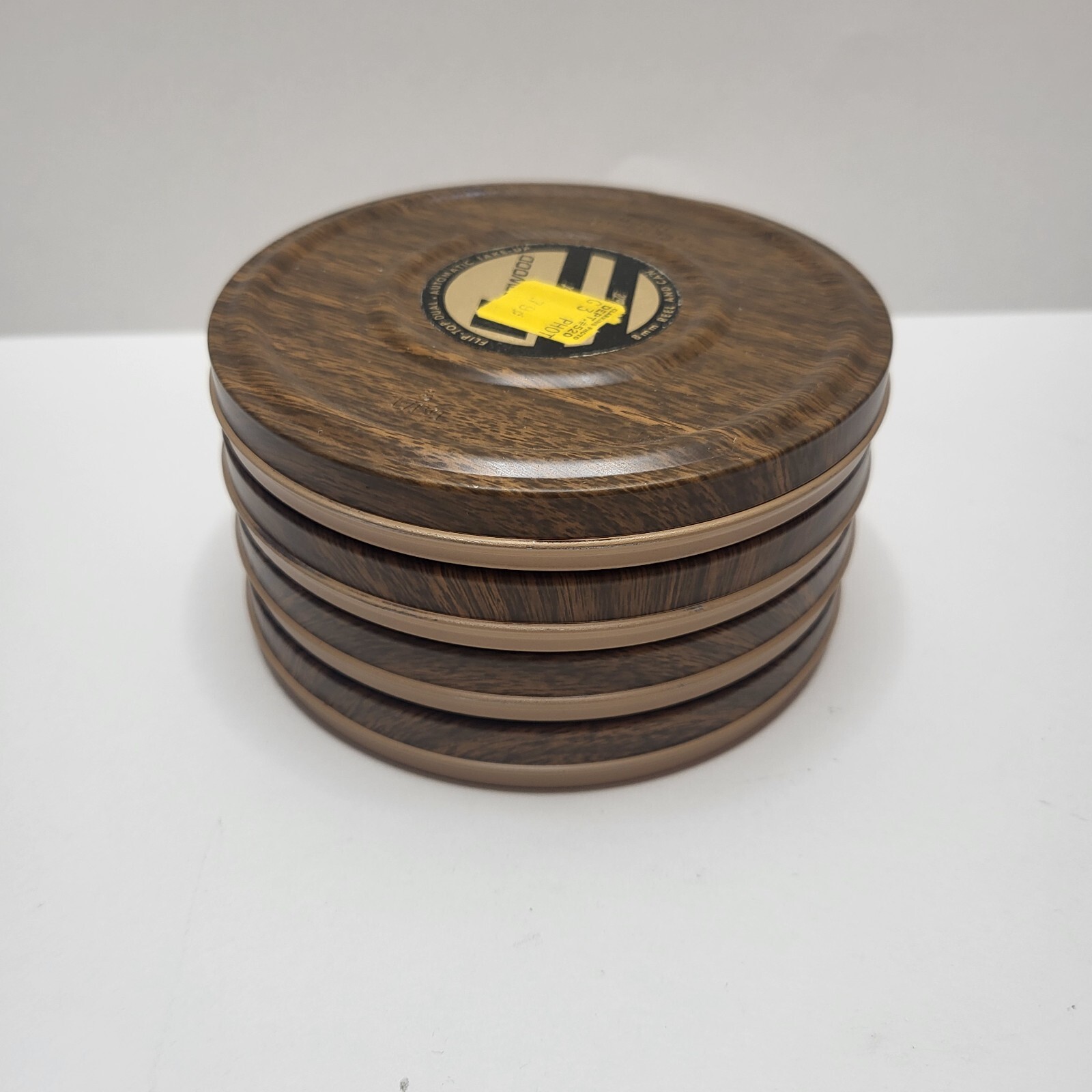 Vintage Lot of 4 Harwood 8mm Reels & Can Containers 5” Wood Grain Metal Case