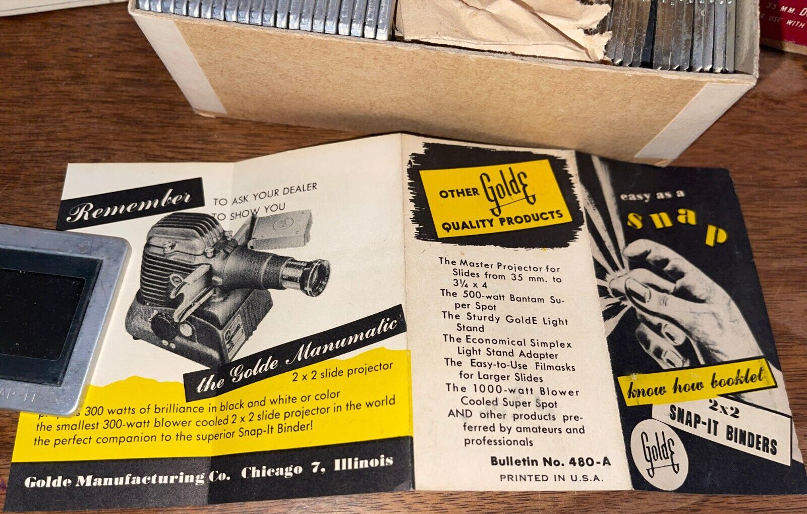 RARE 1940’s NOS LOT 3 BOXES GOLDE SNAP-IT 2″ X 2″ 35mm SLIDE BINDERS W/BROCHURE