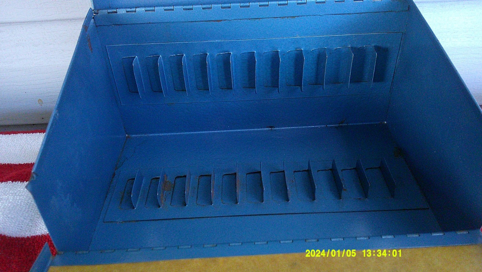 vintage blue metal film reel storage carrying case