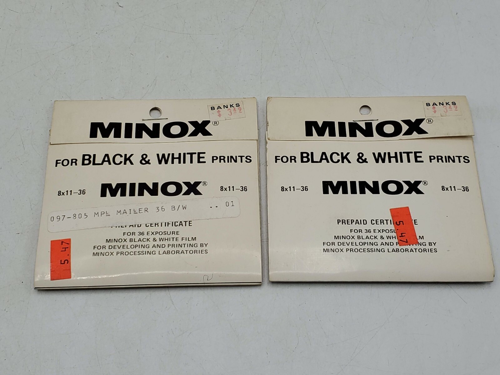 Minox Prepaid Film Developing & Printing Certificates for Black White Exposures