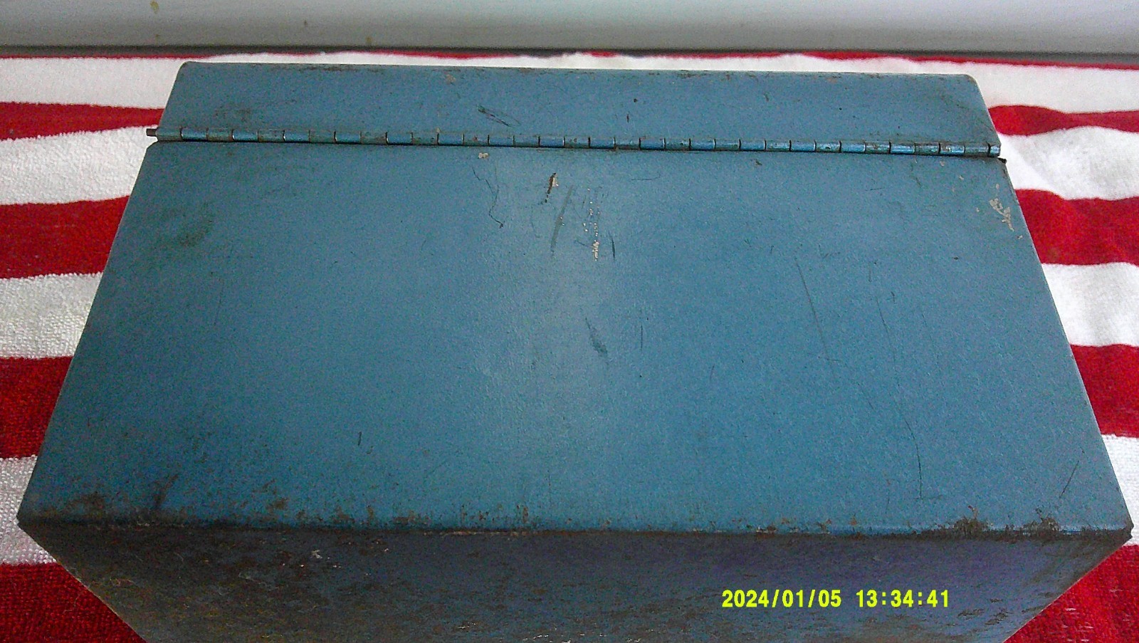 vintage blue metal film reel storage carrying case