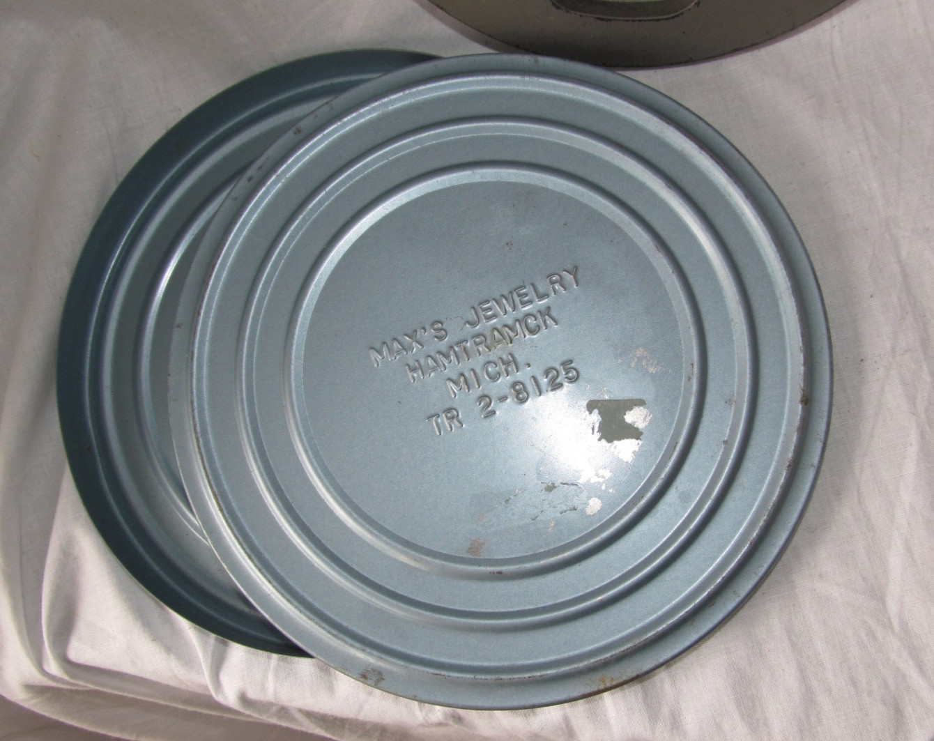 Vintage Max’s Jewelry Hamtramck Metal Tin Canister w/ Film Reel 7″ Blue Color
