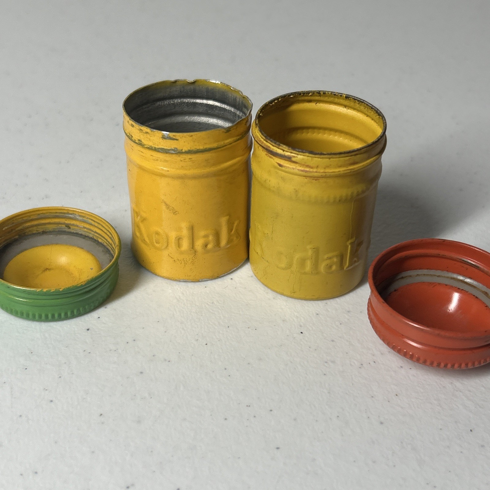 Pair Kodak Film Canisters Green Orange Vintage Screw On Lids